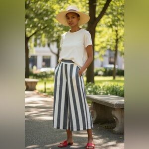 Catherine Malandrino 100% Linen Wide Leg Striped Pants Large Charcoal White